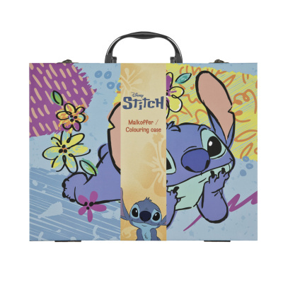 Maleta de colorir Disney Stitch com ilustração colorida e pega preta.