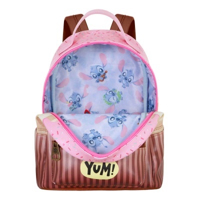 Mochila infantil castanha e rosa com interior azul e desenhos de coelhos, texto 