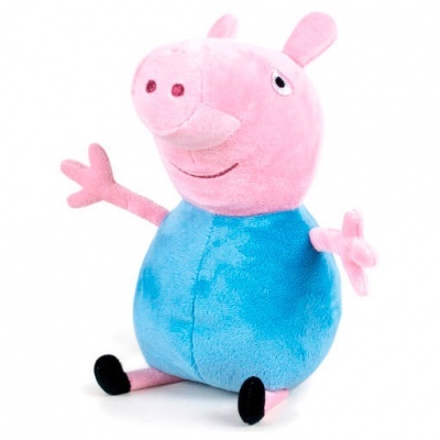 Pelúcia da personagem Peppa Pig rosa e azul sentada