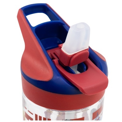 Garrafa desportiva com tampa vermelha e azul e bico branco translúcido