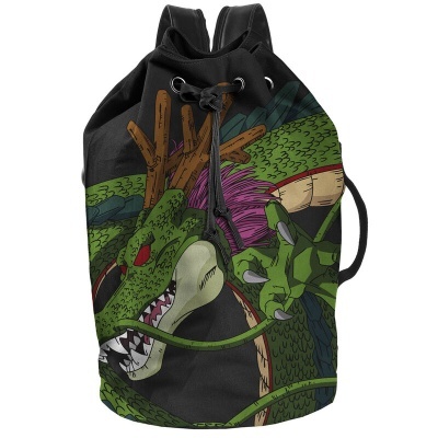 Mochila preta com estampa de dragão verde.