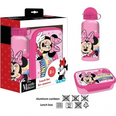Conjunto de lanche Minnie Mouse cor-de-rosa com cantil e caixa de almoço