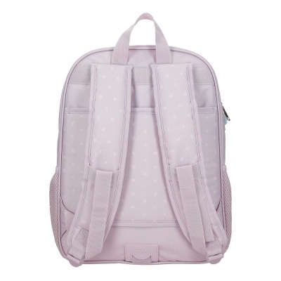 Mochila lilás claro vista de trás com alças almofadadas e bolso lateral em rede