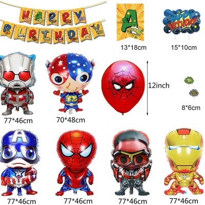 Balões de festa de aniversário com personagens superheroicos em várias cores e tamanhos