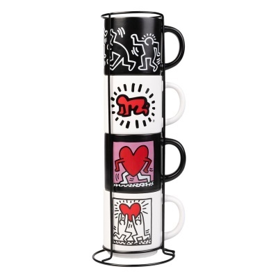 Conjunto de canecas coloridas empilhadas com suporte metálico, arte de Keith Haring