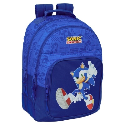 Mochila azul com estampa do Sonic the Hedgehog e múltiplos compartimentos