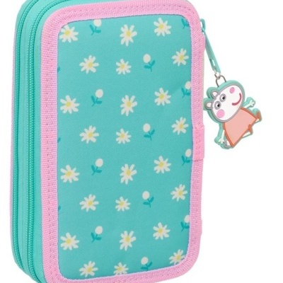 Estojo escolar azul turquesa com flores e fecho com personagem cartoon