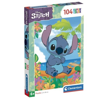 Caixa de puzzle de 104 peças com imagem do personagem Stitch da Disney.