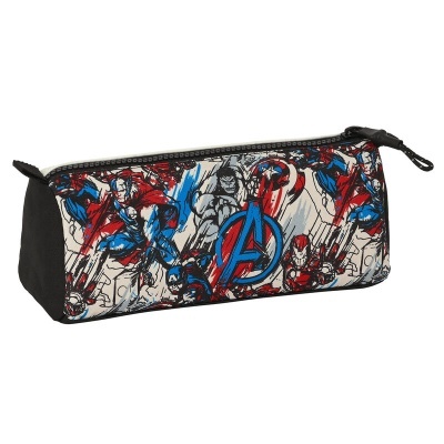 Estojo retangular com estampa dos Avengers em cores azul, vermelho e cinza
