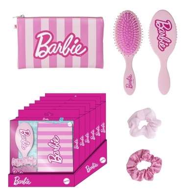 Conjunto Barbie rosa com acessórios de cabelo e necessaire com logótipo Barbie