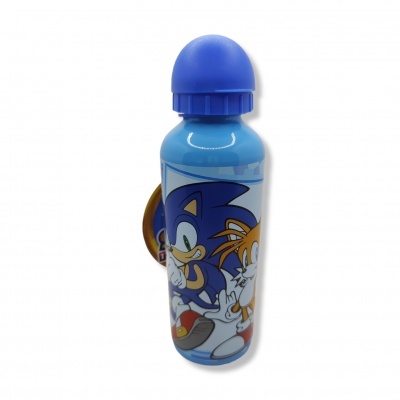 Garrafa de água azul com estampa dos personagens Sonic e Tails