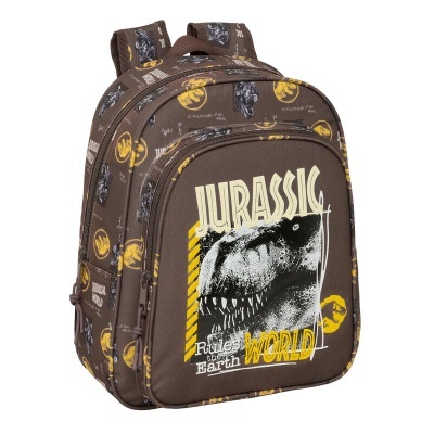 Mochila castanha Jurassic World com estampa de dinossauros e texto