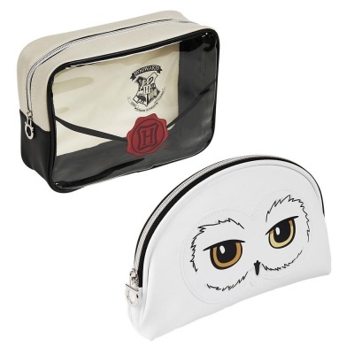 Conjunto de duas necessaires com design de Hogwarts e olhos de coruja.
