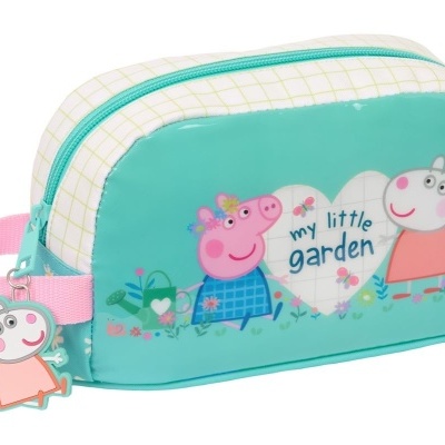 Estojo verde com personagens de desenho animado e texto, com alça rosa e fecho azul claro