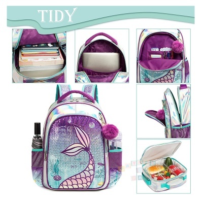 Mochila infantil roxa com cauda de sereia e compartimentos