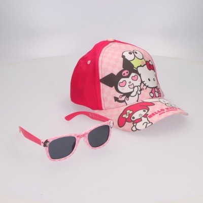 Boné rosa com personagens Hello Kitty e óculos de sol rosa para crianças