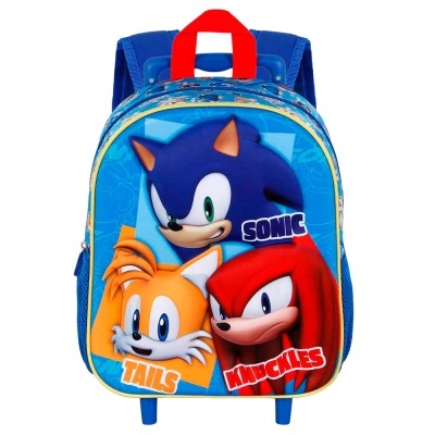 Mochila azul com personagens Sonic, Tails e Knuckles, alças vermelhas e azuis