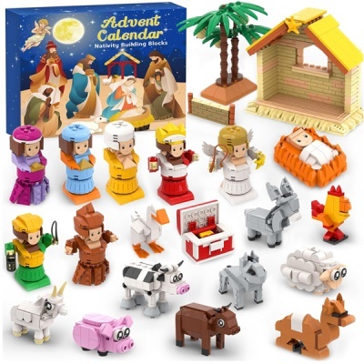 Blocos construção presépio natal calendário Advento figuras e animais coloridos.