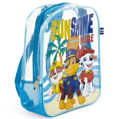 Mochila infantil transparente com estampa dos personagens da Patrulha Pata e texto SUNSHINE MODE