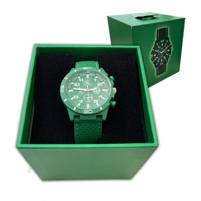 Relógio desportivo verde em caixa verde com interior preto