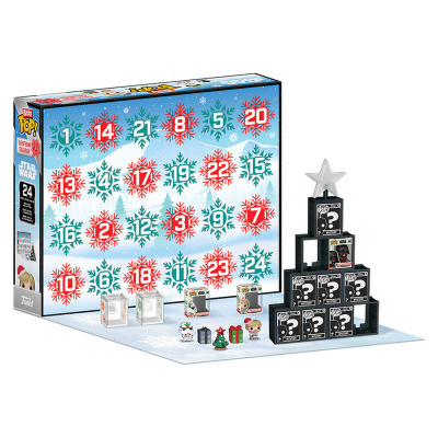 Calendário do Advento Funko Pop Star Wars com figuras e árvore de caixas empilhadas