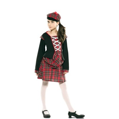 Fantasia infantil xadrez vermelha e preta com boné e saia