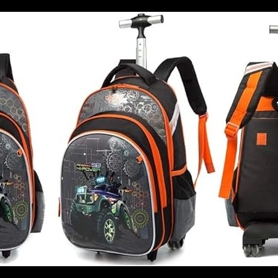 Mochila escolar preta e laranja com carrinho retrátil e estampa de carro e engrenagens