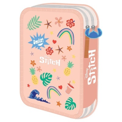 Estojo cor-de-rosa com estampas coloridas e personagem Stitch da Disney