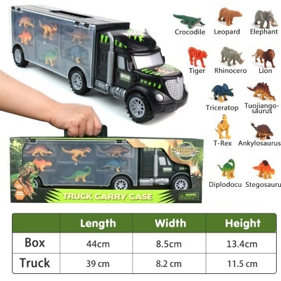 caminhão de brinquedo preto com figuras de dinossauros e animais em compartimento transparente e embalagem