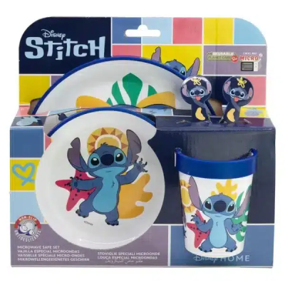 Conjunto de louça Disney Stitch com prato, bowl e copo em embalagem colorida