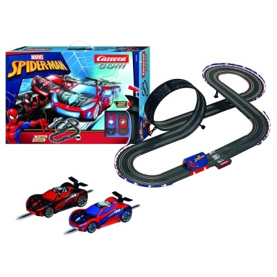 Carrera GO!!! circuito de corridas Marvel Spider-Man com dois carros e pista em forma de 8.