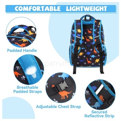 Mochila preta com padrão de dinossauros coloridos e alças almofadadas ajustáveis