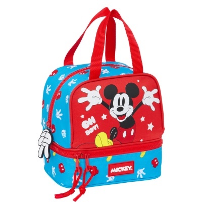 Mochila infantil azul e vermelha com o Mickey Mouse