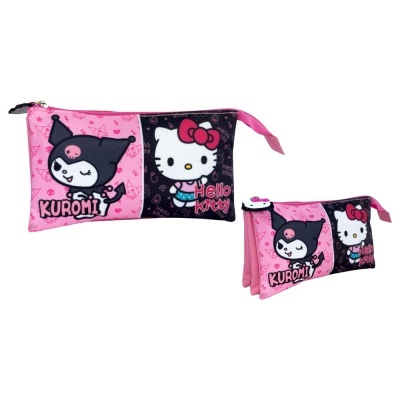 Necessaire rosa e preta com estampas de Kuromi e Hello Kitty
