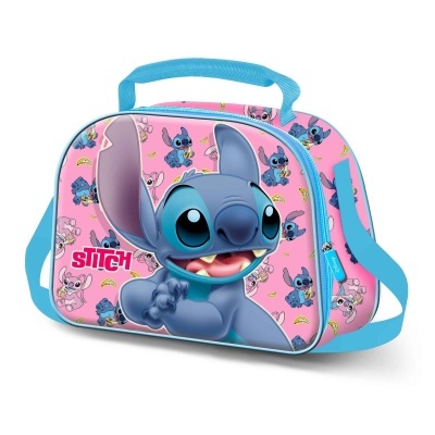 Bolsa infantil azul e rosa com design do Stitch e texto STITCH