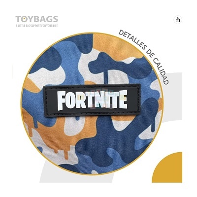Etiqueta de mochila Fortnite com padrão camuflado azul, branco e castanho