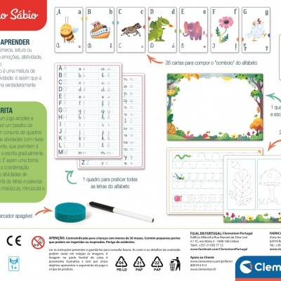 Jogo educativo Pequenõ Sábio com cartas do alfabeto, quadro para desenhar, apagador e marcador