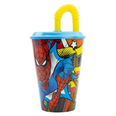 Copo plástico com tampa azul e canudo amarelo com estampa do Homem-Aranha