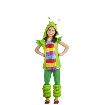 Fato infantil de lagarta verde com faixas coloridas e capuz com antenas