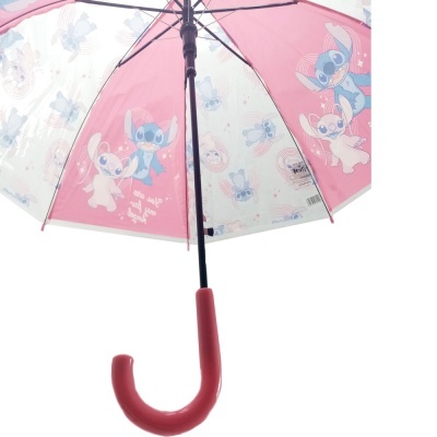Guarda-chuva transparente com estampa dos personagens Stitch e Angel e alça rosa