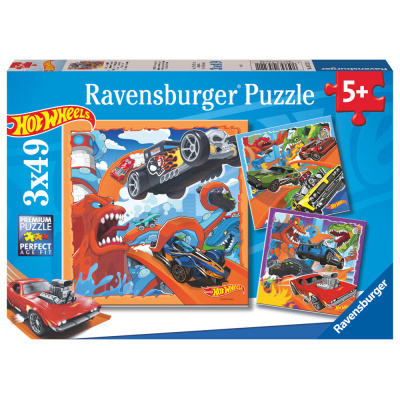 Caixa de puzzle Ravensburger Hot Wheels 5+ com 3 puzzles de 49 peças cada