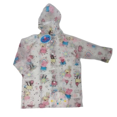 Casaco impermeável infantil com padrão Peppa Pig colorido em fundo transparente