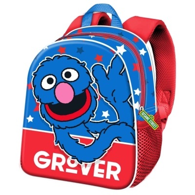 Mochila azul e vermelha com personagem Grover e estrelas, alças vermelhas e etiqueta Sesame Street