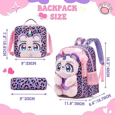 Conjunto mochila, bolsa e estojo leopardo rosa e roxo com unicórnio pelúcia