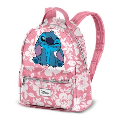 Mochila pequena rosa com padrão de flores brancas e personagem Stitch da Disney