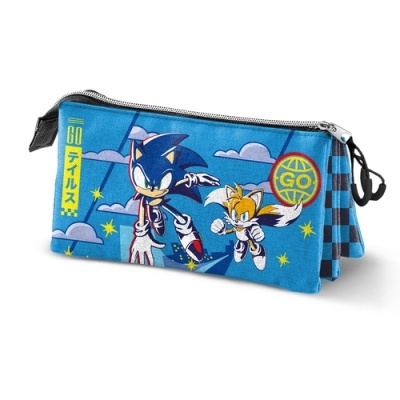 Estojo azul com desenho de Sonic e Tails e padrão de riscas