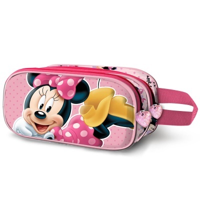 Necessaire rosa com estampa Minnie Mouse e fecho com pingentes em forma de coração