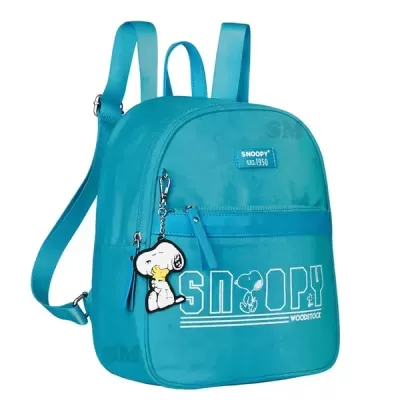 Mochila azul turquesa com Snoopy e texto branco