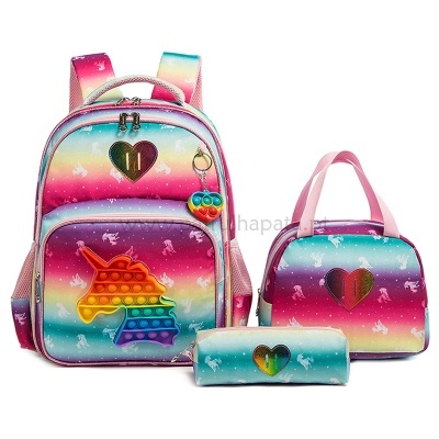 Conjunto mochila, lancheira e estojo coloridos com padrão de unicórnio e pop it