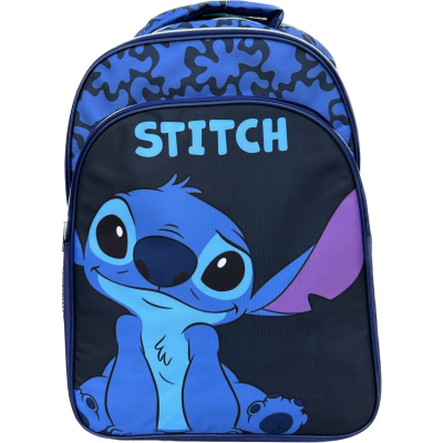 Mochila azul com imagem do personagem Stitch e texto STITCH
